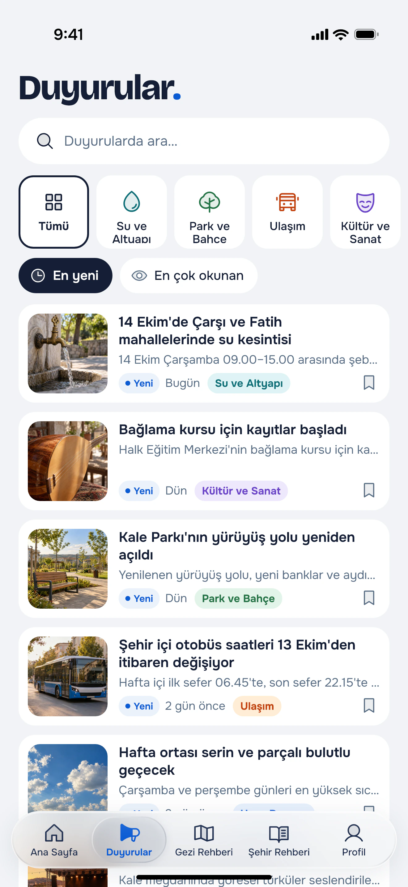 Duyurular ekranı