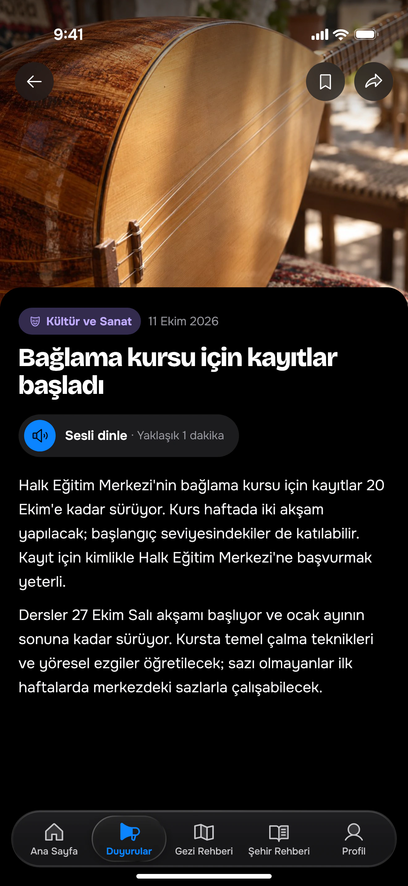 Koyu temada duyuru ekranı